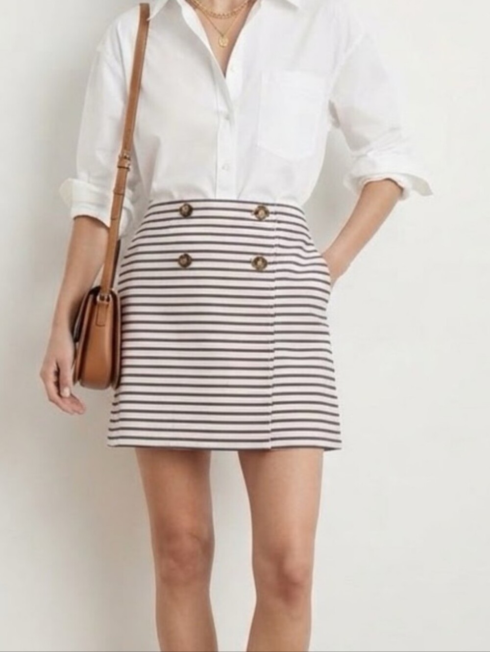 LOFT Cream and Black Striped Double-Button Skirt